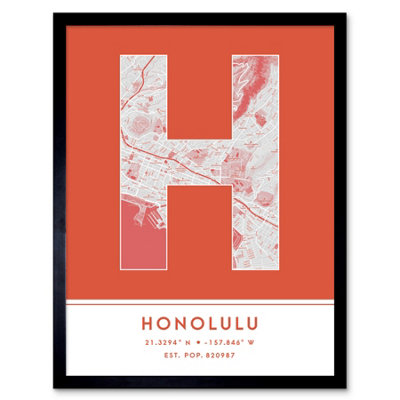 Wee Blue Coo Blue Wee Coo Framed Wall Art Honolulu Hawaii United States City Map Modern Typography Stylish Letter Word - 12X16 Inch