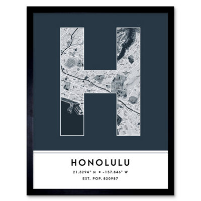 Wee Blue Coo Blue Wee Coo Framed Wall Art Honolulu Hawaii United States City Map Modern Typography Stylish Letter Word - 12X16 Inch