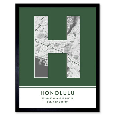 Wee Blue Coo Blue Wee Coo Framed Wall Art Honolulu Hawaii United States City Map Modern Typography Stylish Letter Word - 12X16 Inch