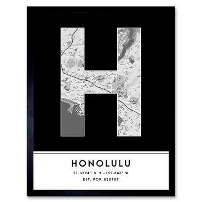 Wee Blue Coo Blue Wee Coo Framed Wall Art Honolulu Hawaii United States City Map Modern Typography Stylish Letter Word - 12X16 Inch
