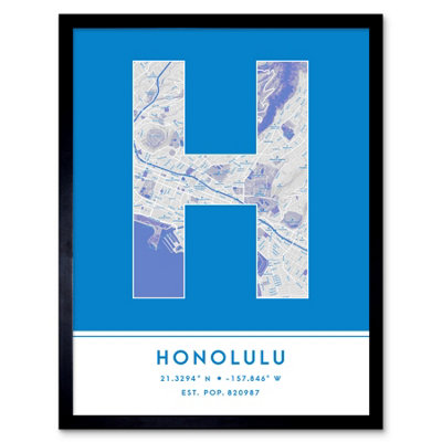 Wee Blue Coo Blue Wee Coo Framed Wall Art Honolulu Hawaii United States City Map Modern Typography Stylish Letter Word - 12X16 Inch
