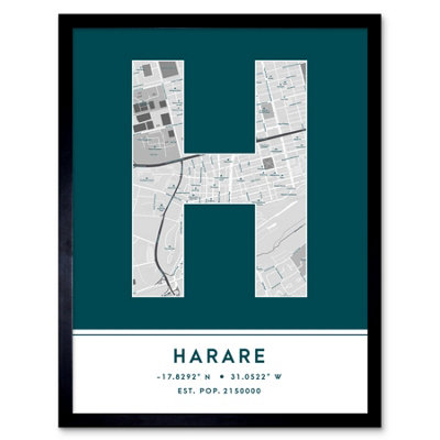 Wee Blue Coo Framed Wall Art Harare Zimbabwe City Map Modern Typography Stylish Letter Word12X16 Inch from B&Q