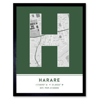 Wee Blue Coo Framed Wall Art Harare Zimbabwe City Map Modern Typography Stylish Letter Word12X16 Inch from B&Q