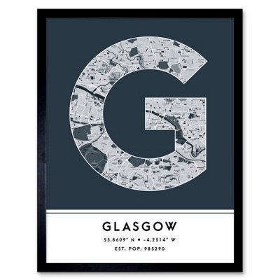 Wee Blue Coo Framed Wall Art Glasgow Scotland United Kingdom City Map Modern Typography Stylish Letter Word12X16 Inch from B&Q