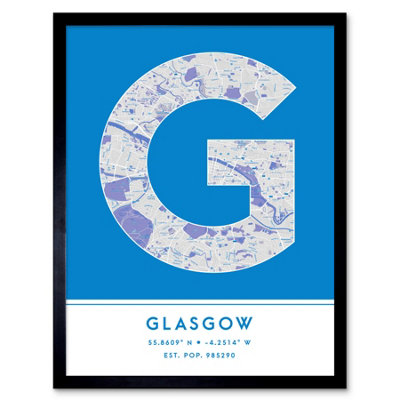 Wee Blue Coo Framed Wall Art Glasgow Scotland United Kingdom City Map Modern Typography Stylish Letter Word12X16 Inch from B&Q