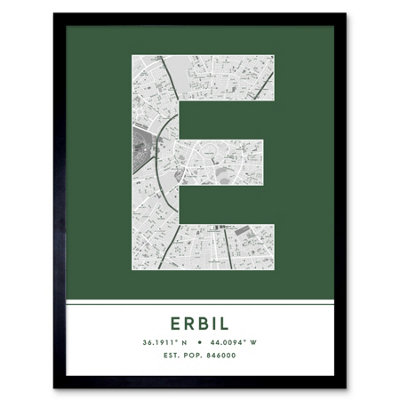 Wee Blue Coo Blue Wee Coo Framed Wall Art Erbil Iraq City Map Modern Typography Stylish Letter Word - 12X16 Inch