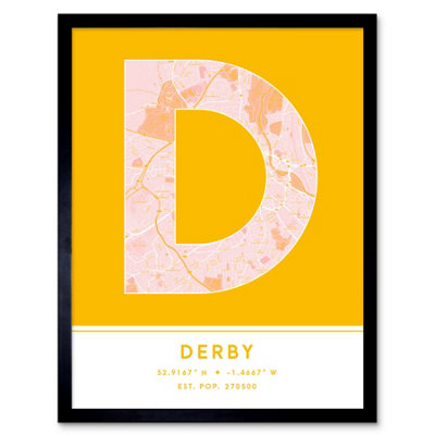 Wee Blue Coo Blue Wee Coo Framed Wall Art Derby England United Kingdom City Map Modern Typography Stylish Letter Word - 12X16 Inch