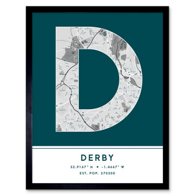 Wee Blue Coo Blue Wee Coo Framed Wall Art Derby England United Kingdom City Map Modern Typography Stylish Letter Word - 12X16 Inch