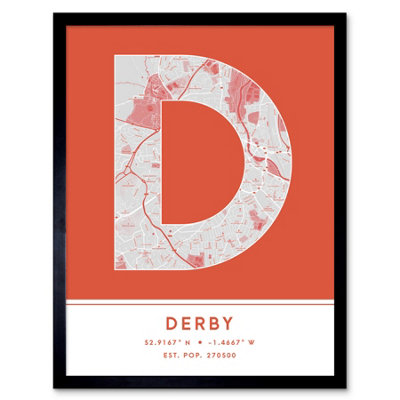 Wee Blue Coo Blue Wee Coo Framed Wall Art Derby England United Kingdom City Map Modern Typography Stylish Letter Word - 12X16 Inch