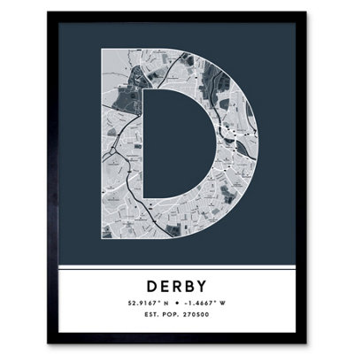 Wee Blue Coo Blue Wee Coo Framed Wall Art Derby England United Kingdom City Map Modern Typography Stylish Letter Word - 12X16 Inch