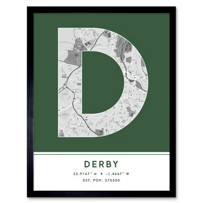 Wee Blue Coo Blue Wee Coo Framed Wall Art Derby England United Kingdom City Map Modern Typography Stylish Letter Word - 12X16 Inch