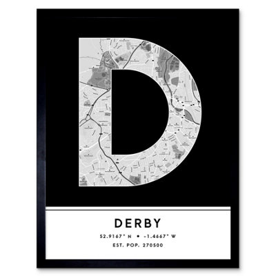 Wee Blue Coo Blue Wee Coo Framed Wall Art Derby England United Kingdom City Map Modern Typography Stylish Letter Word - 12X16 Inch
