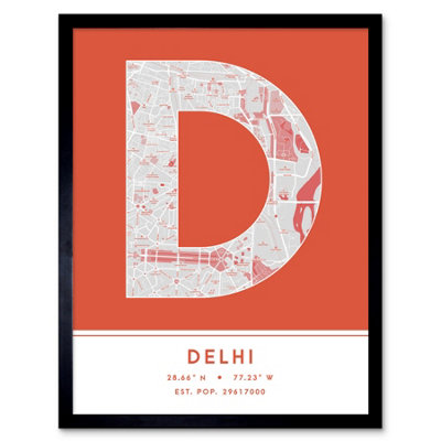 Wee Blue Coo Framed Wall Art Delhi India City Map Modern Typography Stylish Letter Word12X16 Inch from B&Q
