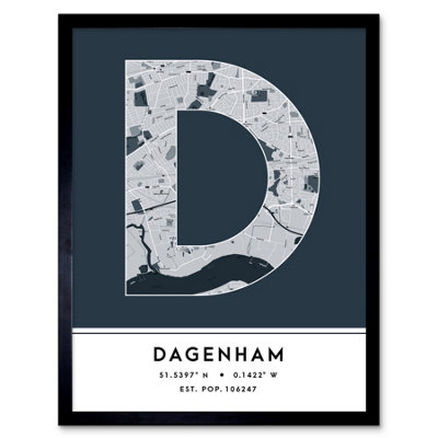 Wee Blue Coo Blue Wee Coo Framed Wall Art Dagenham England United Kingdom City Map Modern Typography Stylish Letter Word - 12X16 Inch