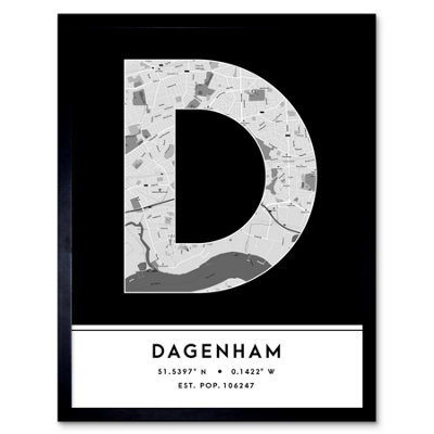 Wee Blue Coo Blue Wee Coo Framed Wall Art Dagenham England United Kingdom City Map Modern Typography Stylish Letter Word - 12X16 Inch