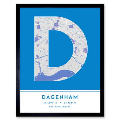 Wee Blue Coo Blue Wee Coo Framed Wall Art Dagenham England United Kingdom City Map Modern Typography Stylish Letter Word - 12X16 Inch