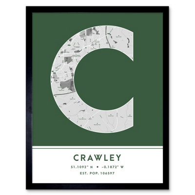 Wee Blue Coo Blue Wee Coo Framed Wall Art Crawley England United Kingdom City Map Modern Typography Stylish Letter Word - 12X16 Inch