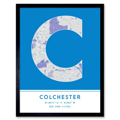 Wee Blue Coo Blue Wee Coo Framed Wall Art Colchester England United Kingdom City Map Modern Typography Stylish Letter Word - 12X16 Inch