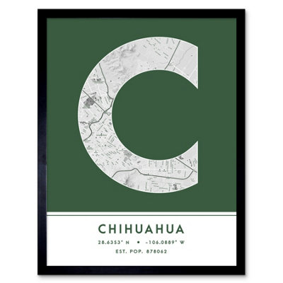 Wee Blue Coo Framed Wall Art Chihuahua Mexico City Map Modern Typography Stylish Letter Word12X16 Inch from B&Q