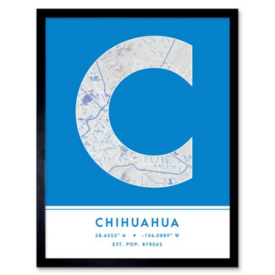 Wee Blue Coo Framed Wall Art Chihuahua Mexico City Map Modern Typography Stylish Letter Word12X16 Inch from B&Q
