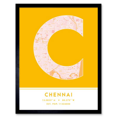 Wee Blue Coo Blue Wee Coo Framed Wall Art Chennai India City Map Modern Typography Stylish Letter Word - 12X16 Inch