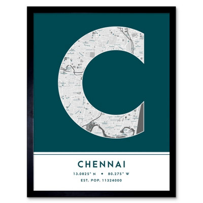 Wee Blue Coo Blue Wee Coo Framed Wall Art Chennai India City Map Modern Typography Stylish Letter Word - 12X16 Inch