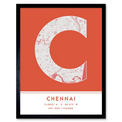 Wee Blue Coo Blue Wee Coo Framed Wall Art Chennai India City Map Modern Typography Stylish Letter Word - 12X16 Inch