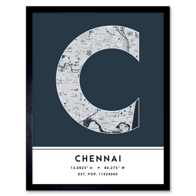 Wee Blue Coo Blue Wee Coo Framed Wall Art Chennai India City Map Modern Typography Stylish Letter Word - 12X16 Inch