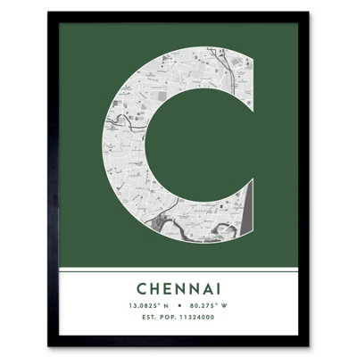Wee Blue Coo Blue Wee Coo Framed Wall Art Chennai India City Map Modern Typography Stylish Letter Word - 12X16 Inch