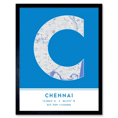 Wee Blue Coo Blue Wee Coo Framed Wall Art Chennai India City Map Modern Typography Stylish Letter Word - 12X16 Inch