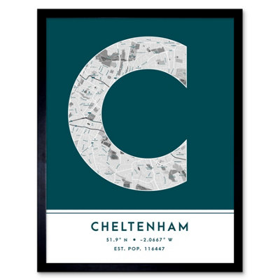 B&Q -  Framed Wall Art Cheltenham England United Kingdom City Map Modern Typography Stylish Letter Word12X16 Inch