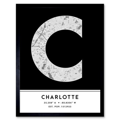 B&Q -  Framed Wall Art Charlotte North Carolina United States City Map Modern Typography Stylish Letter Word12X16 Inch