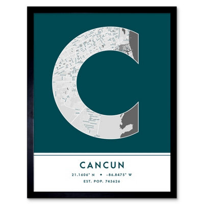 Wee Blue Coo Framed Wall Art Cancun Mexico City Map Modern Typography Stylish Letter Word12X16 Inch from B&Q