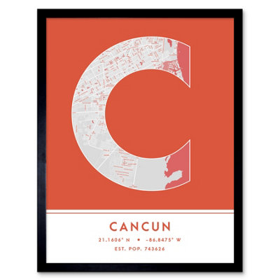 Wee Blue Coo Blue Wee Coo Framed Wall Art Cancun Mexico City Map Modern Typography Stylish Letter Word - 12X16 Inch