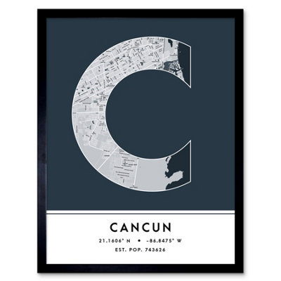 Wee Blue Coo Blue Wee Coo Framed Wall Art Cancun Mexico City Map Modern Typography Stylish Letter Word - 12X16 Inch