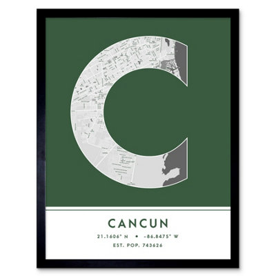 Wee Blue Coo Blue Wee Coo Framed Wall Art Cancun Mexico City Map Modern Typography Stylish Letter Word - 12X16 Inch