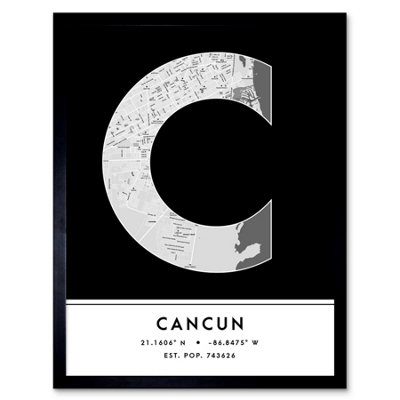 Wee Blue Coo Blue Wee Coo Framed Wall Art Cancun Mexico City Map Modern Typography Stylish Letter Word - 12X16 Inch