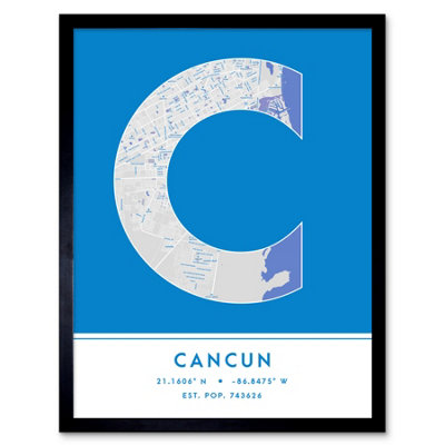 Wee Blue Coo Blue Wee Coo Framed Wall Art Cancun Mexico City Map Modern Typography Stylish Letter Word - 12X16 Inch