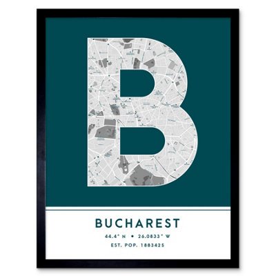 Wee Blue Coo Framed Wall Art Bucharest Romania City Map Modern Typography Stylish Letter Word12X16 Inch from B&Q