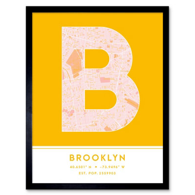 B&Q -  Framed Wall Art Brooklyn New York United States City Map Modern Typography Stylish Letter Word12X16 Inch