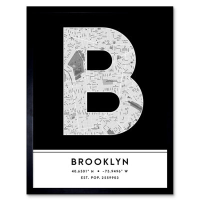 B&Q -  Framed Wall Art Brooklyn New York United States City Map Modern Typography Stylish Letter Word12X16 Inch