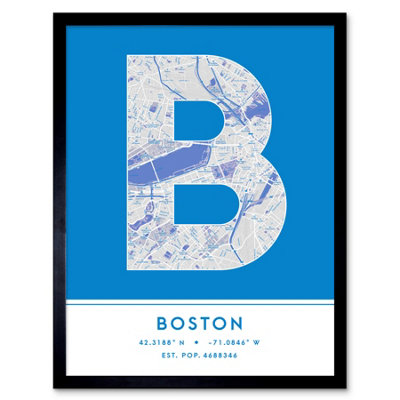 Wee Blue Coo Framed Wall Art Boston Massachusetts United States City Map Modern Typography Stylish Letter Word12X16 Inch from B&Q