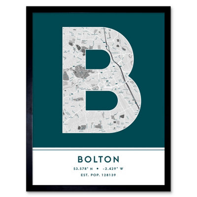B&Q -  Framed Wall Art Bolton England United Kingdom City Map Modern Typography Stylish Letter Word12X16 Inch