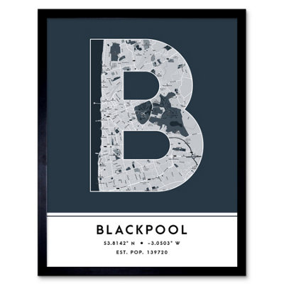 Wee Blue Coo Blue Wee Coo Framed Wall Art Blackpool England United Kingdom City Map Modern Typography Stylish Letter Word - 12X16 Inch