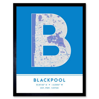 Wee Blue Coo Blue Wee Coo Framed Wall Art Blackpool England United Kingdom City Map Modern Typography Stylish Letter Word - 12X16 Inch