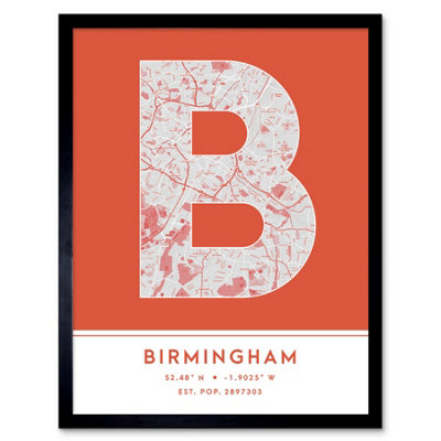 B&Q -  Framed Wall Art Birmingham England United Kingdom City Map Modern Typography Stylish Letter Word12X16 Inch