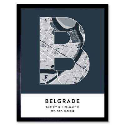 Wee Blue Coo Blue Wee Coo Framed Wall Art Belgrade Serbia City Map Modern Typography Stylish Letter Word - 12X16 Inch
