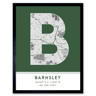 Wee Blue Coo Blue Wee Coo Framed Wall Art Barnsley England United Kingdom City Map Modern Typography Stylish Letter Word - 12X16 Inch