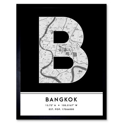 B&Q -  Framed Wall Art Bangkok Thailand City Map Modern Typography Stylish Letter Word12X16 Inch