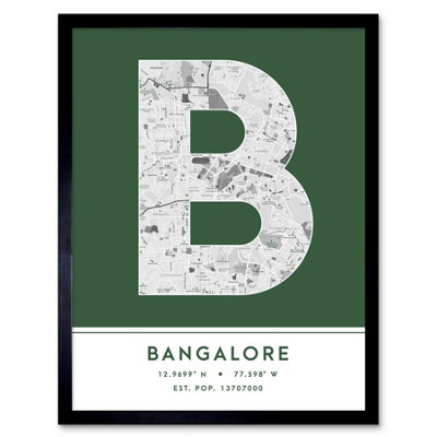 B&Q -  Framed Wall Art Bangalore India City Map Modern Typography Stylish Letter Word12X16 Inch